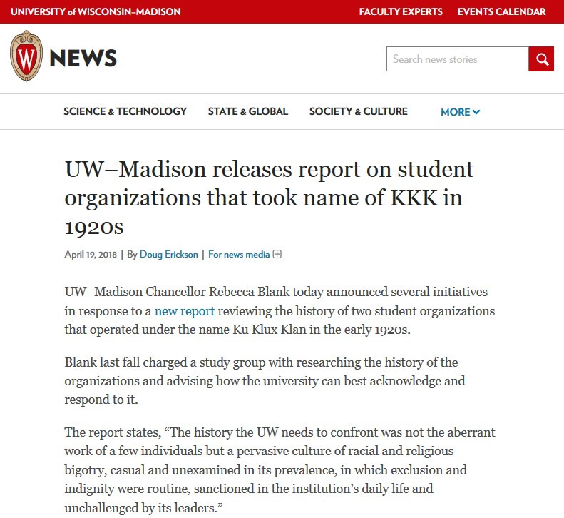 Snip of report with title "UW–Madison releases report on student organizations that took name of KKK in 1920s".