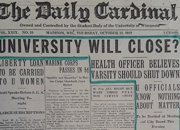 Front page of The Daily Cardinal from October 10, 1918 Permission: UW-Madison Archives