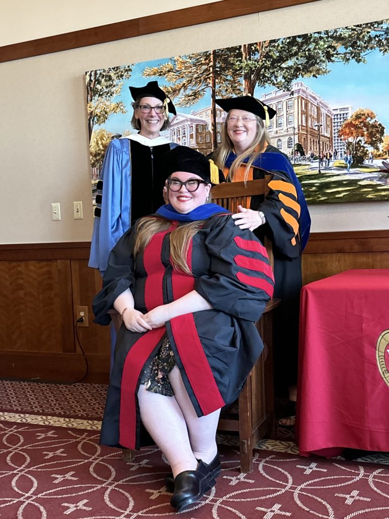Charlotte Clare Whatley, History PhD, with Prof. Leonora Neville and Prof. Lee Palmer Wandel, representing Prof. Karl Shoemaker, advisor (European History)