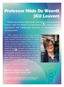 Promotional flyer for the event entitled "Mobilizing Chinese Information and Media in Early Modern France: How the History of Information Can Inform Global Conceptual and Intellectual Histories of Governance and Infrastructure" with Professor Hilde De Weerdt. The event flyer has an abstract background with pastel shades of pink, green, blue, and purple. An image of the speaker is also included - the speaker smiles into the camera, with hair parted to the side, a blue button up shirt and sweater, and round glasses. See the corresponding event page for text.