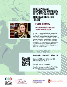 Promotional flyer for lecture entitled "Geographic and Geopolitical Variability of EU Asylum During the European Migration Crisis" with Dr. Kara Dempsey. The flyer features the background image of a blue and green map of Europe with arrows showing migration patterns. An image of the speaker also appears on the flyer. See the text on the associated event page for further event details.