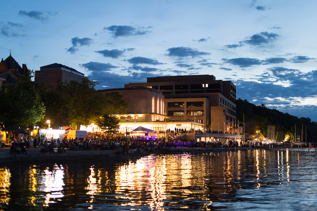 Memorial Union Terrace at sunset, view from lake Mendota