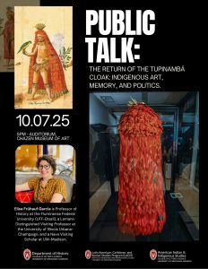 Event flyer for public talk on October 7, 2025 with speaker Elisa Garcia. The flyer has a black background and features a portrait of the speaker, smiling at the camera with glasses. See the associated event page for text on the poster.
