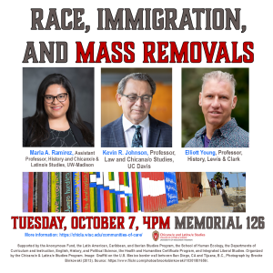 Event flyer for event "Race, Immigration, and Mass Removals". The graphic features three portraits of the speakers. 