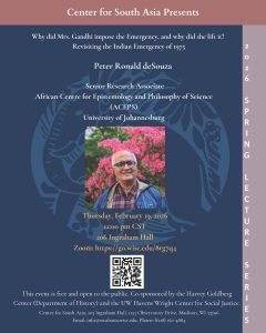 Event flyer for February 19, 2026 event with Peter Ronald deSouza of University of Johannesburg. The flyer features a dark blue background and a portrait of the speaker, standing beside a bush of pink flowers. See associated webpage for contents of the event flyer.