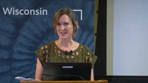 Photograph of UW-Madison History Professor Emily Callaci giving a lecture entitled "Wages for Housework: The History of A Movement" on October 29, 2025