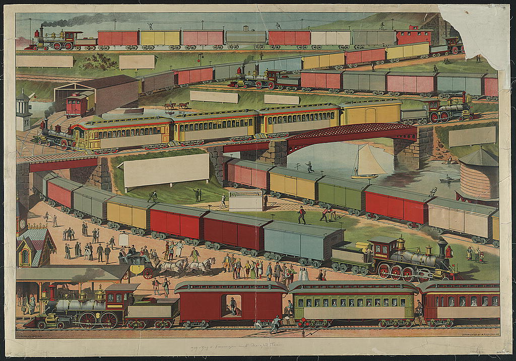 Print of passenger and freight trains.