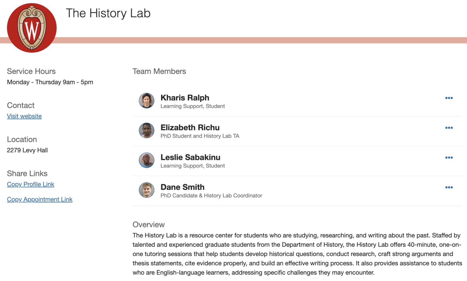 Image of the History Lab service page in Starfish listing TA profiles.