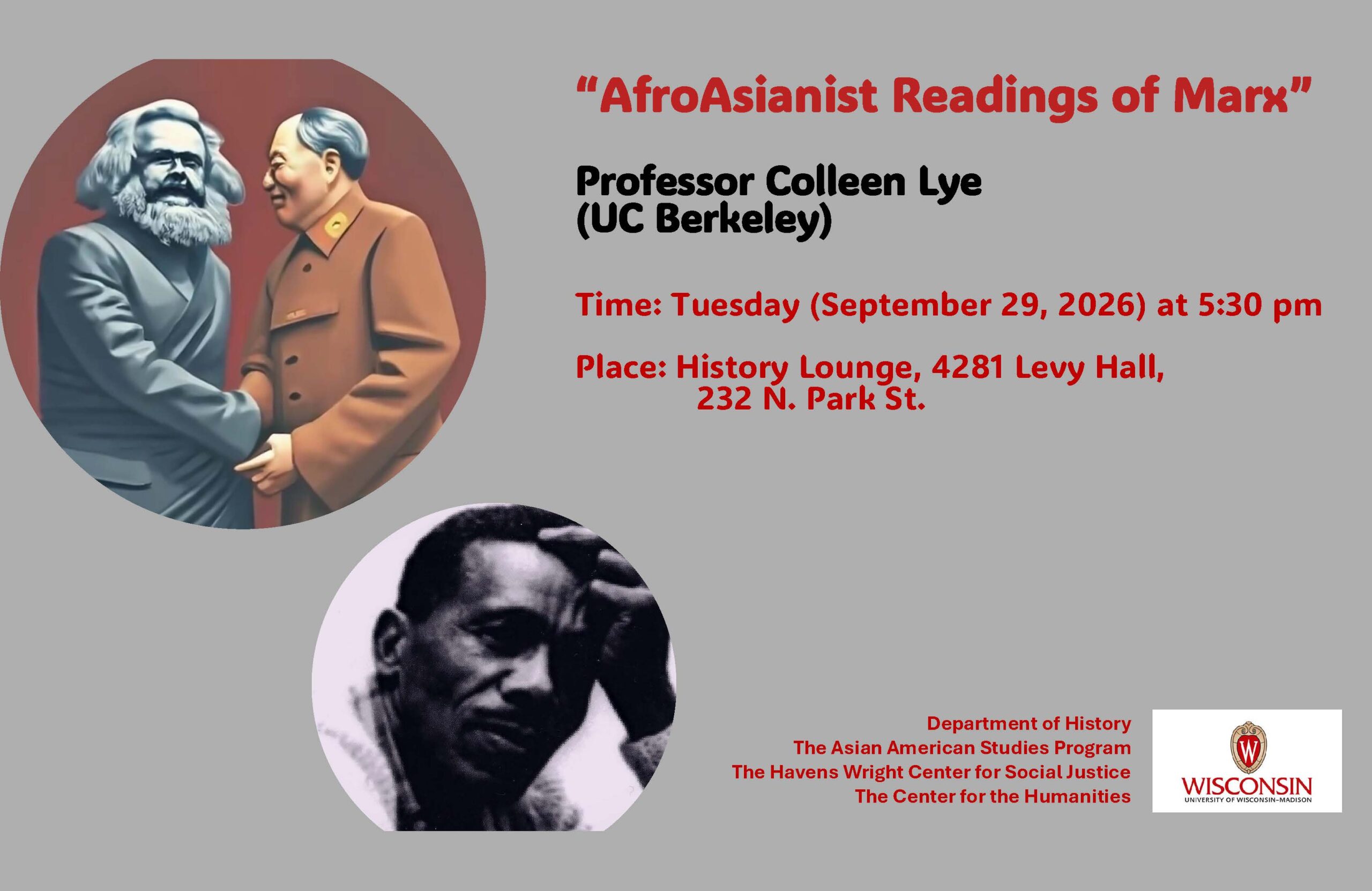 Event flyer for lecture entitled "AfroAsianist Readings of Marx" by Professor Colleen Lye on September 29, 2026. See associated page for event details.
