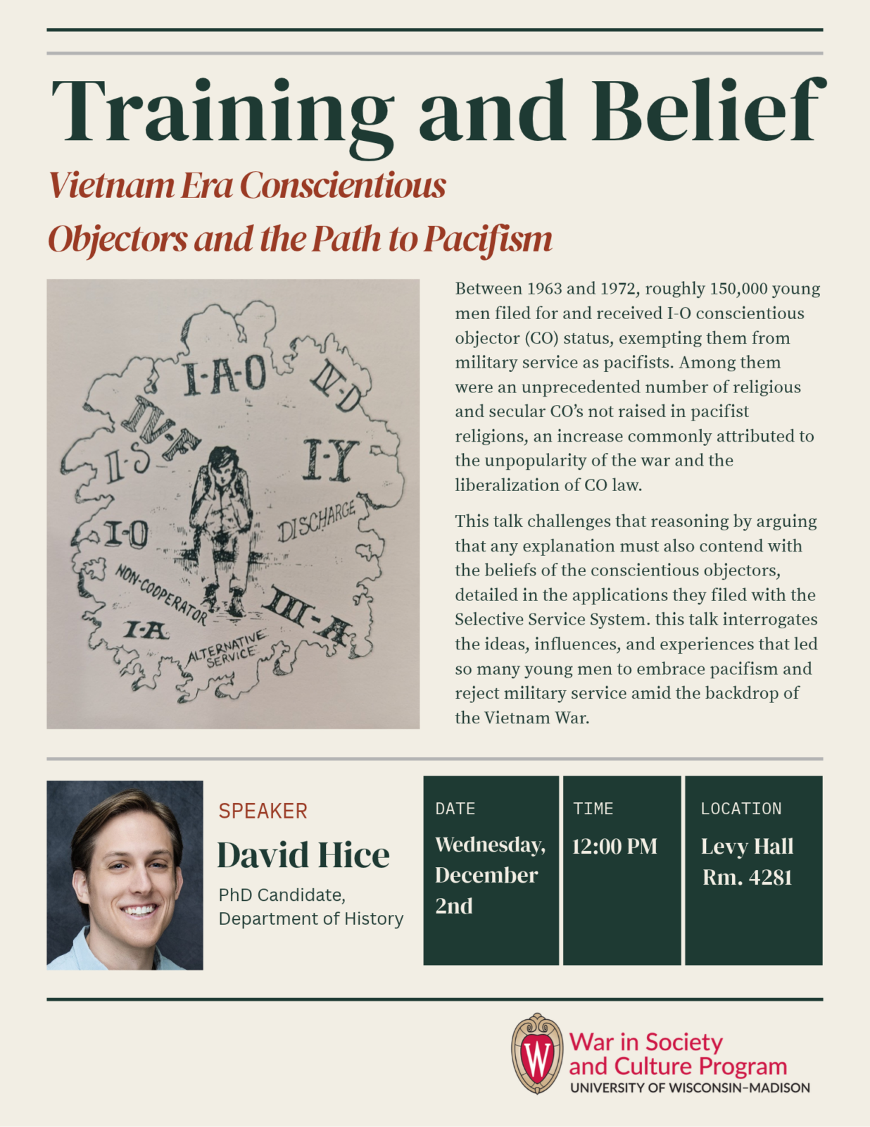 Event flyer for event on Dec 12, 2026 entitled "Training and Belief" by David Hice. See associated webpage for additional details.