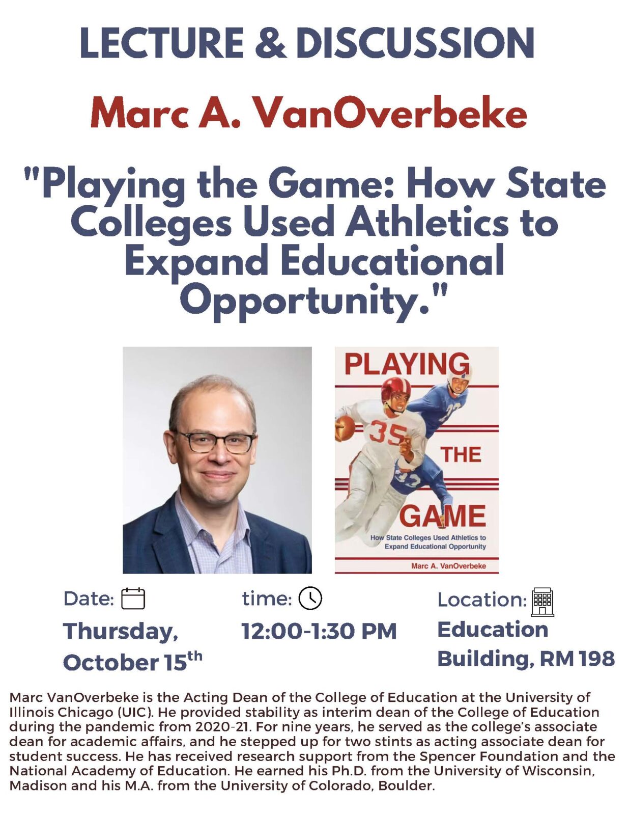 Promotional event flyer for lecture "Playing the Game" by Marc A. VanOverbeke on October 15, 2026.