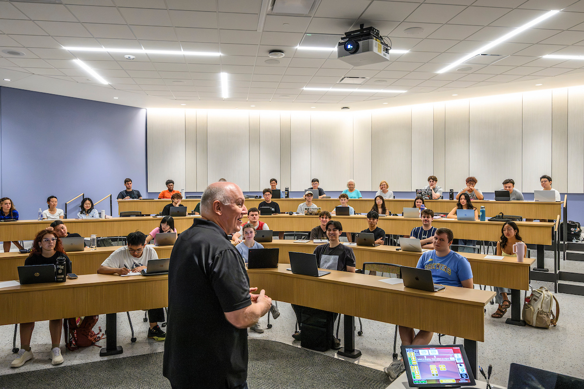Professor Joe Dennis speaks to the class in History 103: Survey of Chinese History in Irving and Dorothy Levy Hall room 2212 on the first day of the fall semester at the University of Wisconsin–Madison on Sept. 2, 2026. (Photo by Althea Dotzour / UW–Madison)