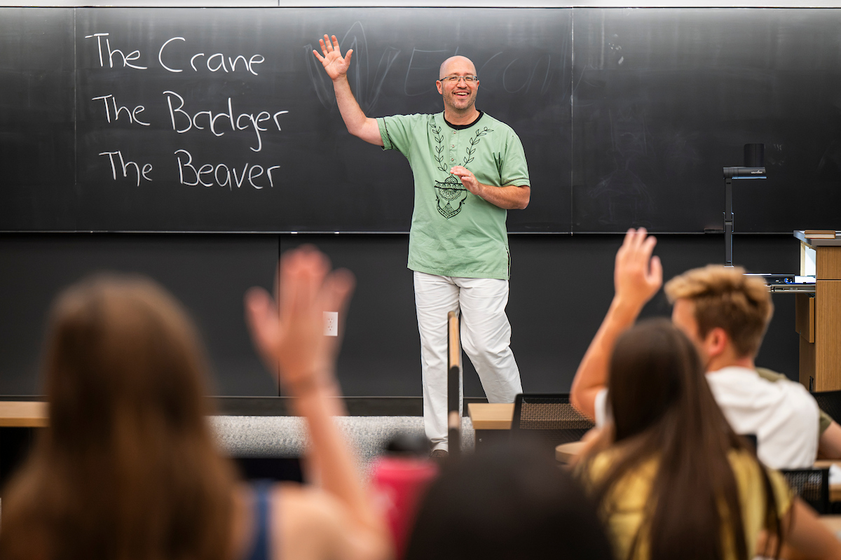 Lecturer Paul Grant asks students to raise their hand if it’s their first year at UW while teaching History 130: An Introduction to World History in Irving & Dorothy Levy Hall during the first day of the fall semester at the University of Wisconsin–Madison on Sept. 2, 2026. History 130 is an introduction to major themes in world history, such as empire and imperialism, environmental impacts, global trade and globalization, war, migration, gender, race, religion, nationalism, and class. (Photo by Taylor Wolfram / UW–Madison)